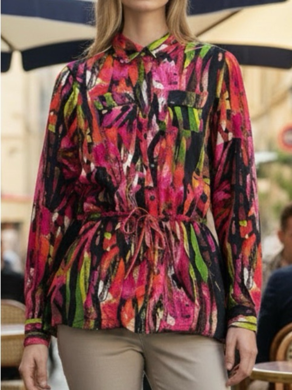 Calvin Klein Pink Multi Abstract Print Drawstring Waist Blouse